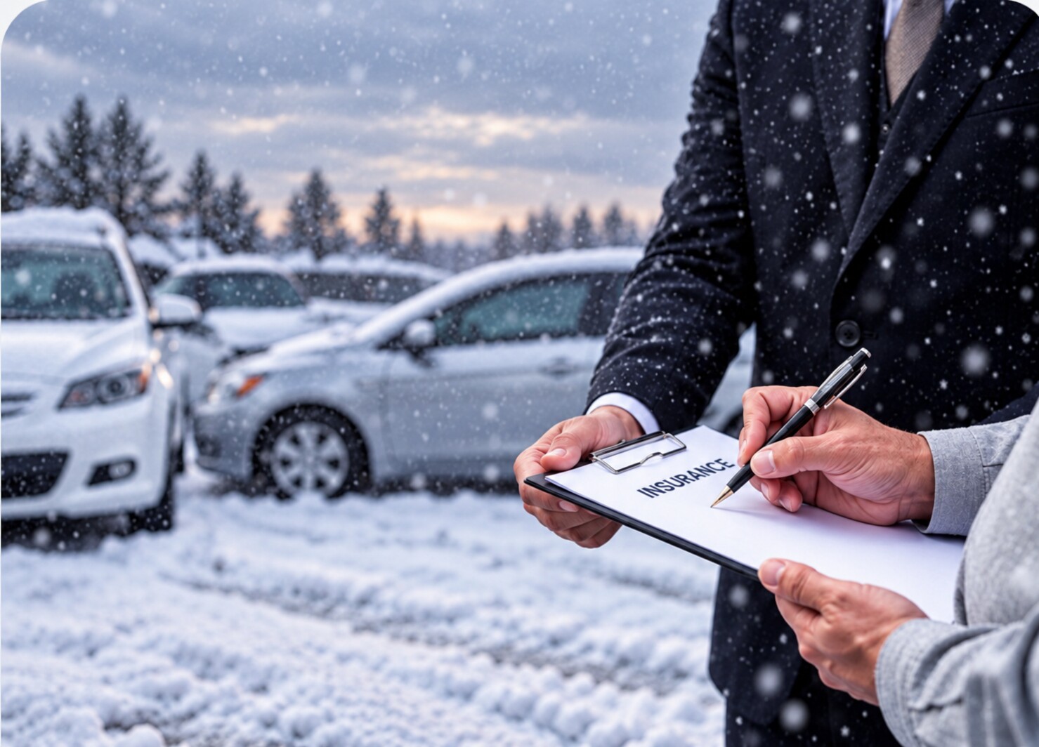 Insurance review beside cars in falling snow under a muted winter sky