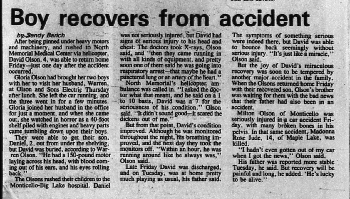 Newspaper clipping: Boy recovers from accident, about David Olson at age four