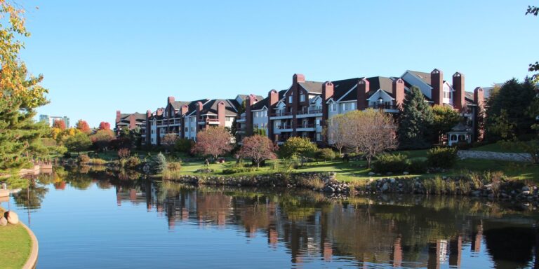 Condominium buildings on the lake at Centennial Lakes in Edina, Minnesota