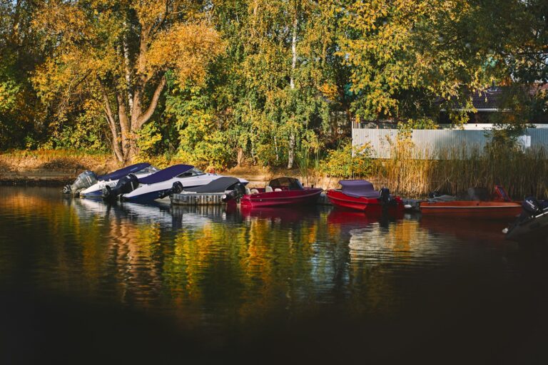 Small motorboats moored beside an autumn tree-lined shore.