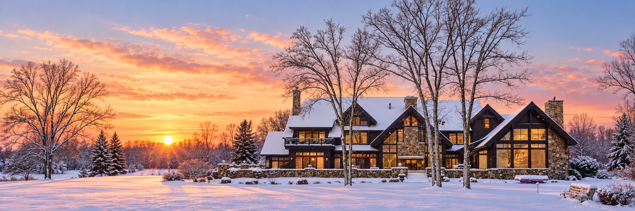 Snow-covered home beneath a warm sunset sky