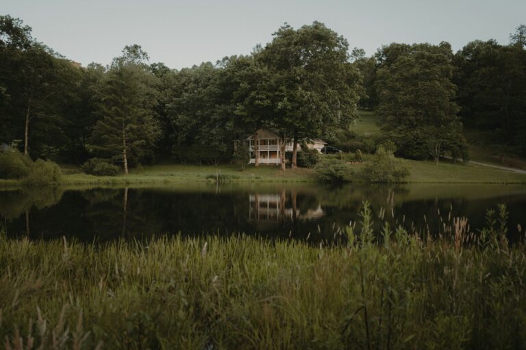 Wooded lakeside property reflected in calm water.