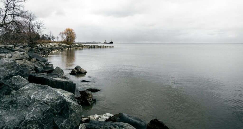 Large shoreline rocks and bare trees beside calm water under a cloudy sky.