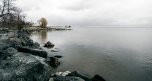 Large shoreline rocks and bare trees beside calm water under a cloudy sky.