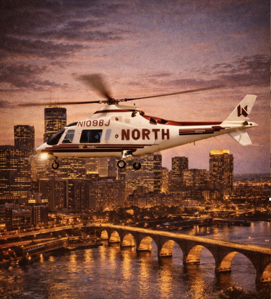North Memorial Air Care helicopter over Minneapolis at dusk